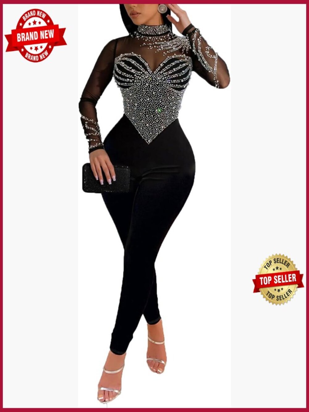 Women Rhinestone Sequin Jumpsuit Bodycon Long Sleeve Party Clubwear